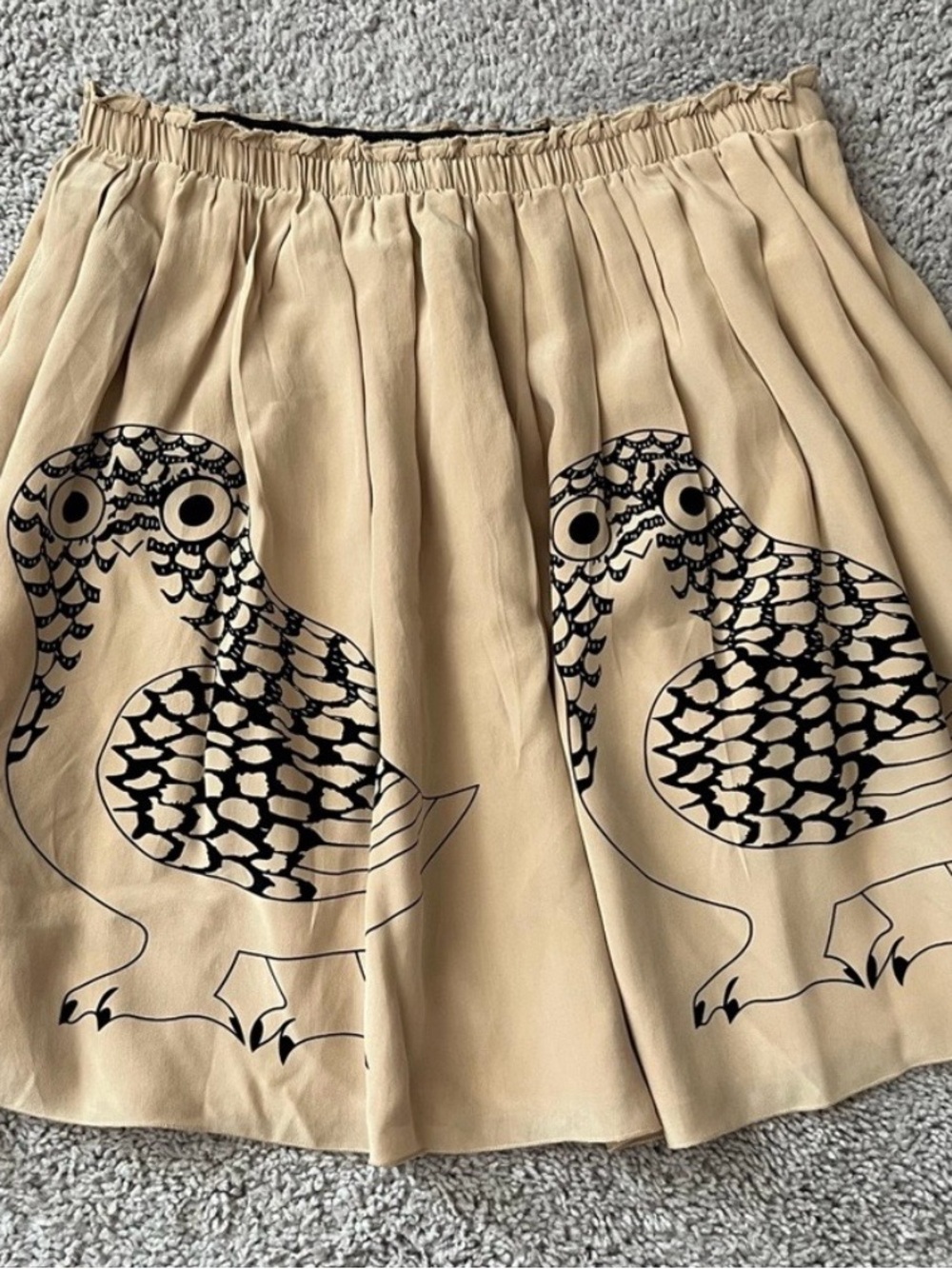 Anthropologie Corey Lynn Calter-Beige Mini Skirt with Black Owl Print Size 10